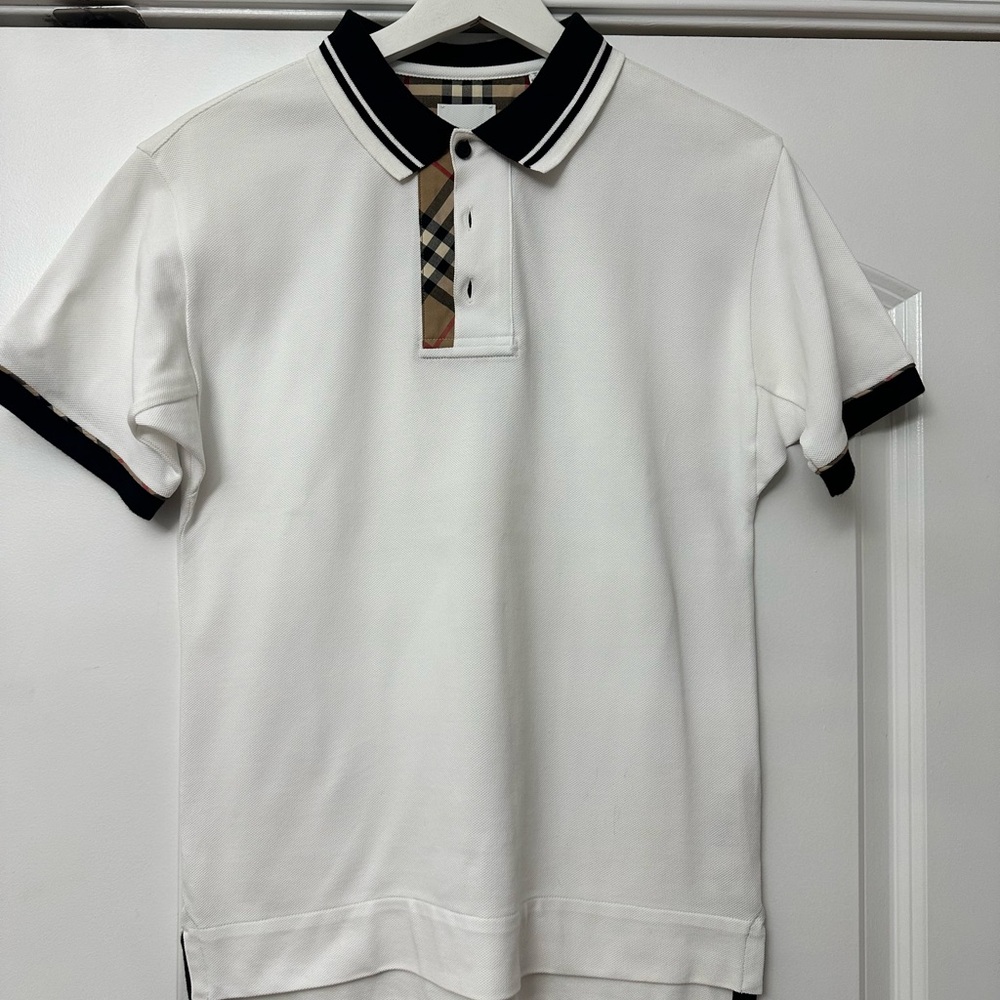 White Burberry Polo Shirt with Black Accents